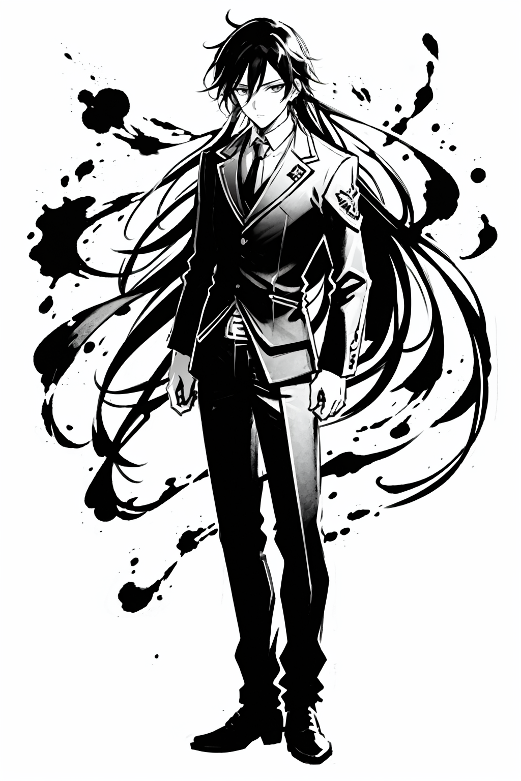 mo,masterpiece, best quality,1boy,standing, long hair,cold face, full body, (front),monochrome, greyscale,ink splash